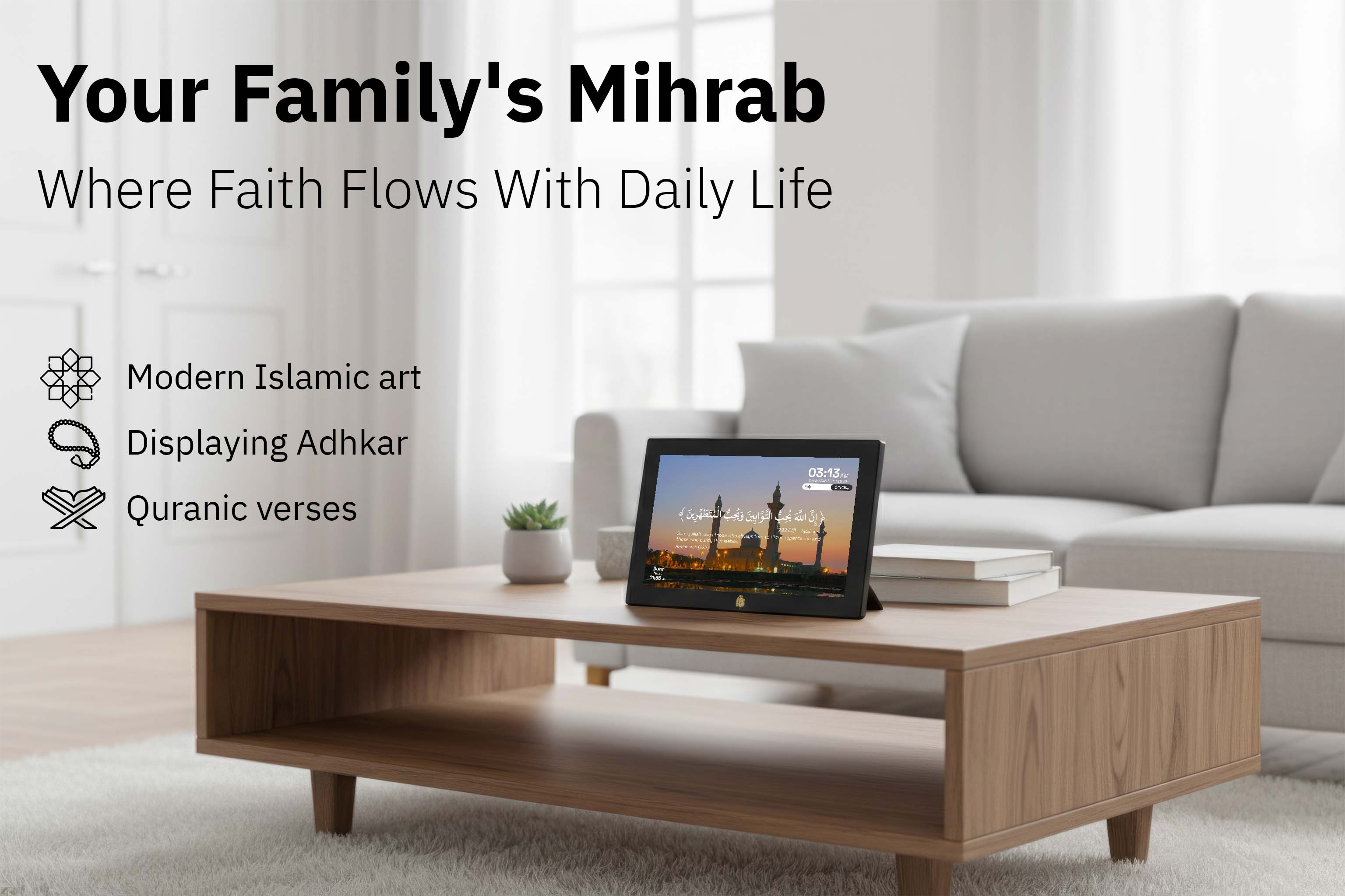 Mihrab digital azan clock displaying Quran recitations next to open Quran and prayer beads on wooden stand