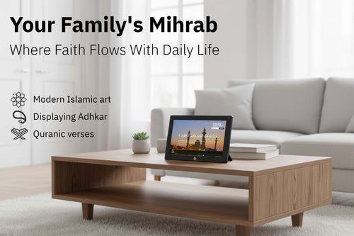 Mihrab digital azan clock displaying Quran recitations next to open Quran and prayer beads on wooden stand