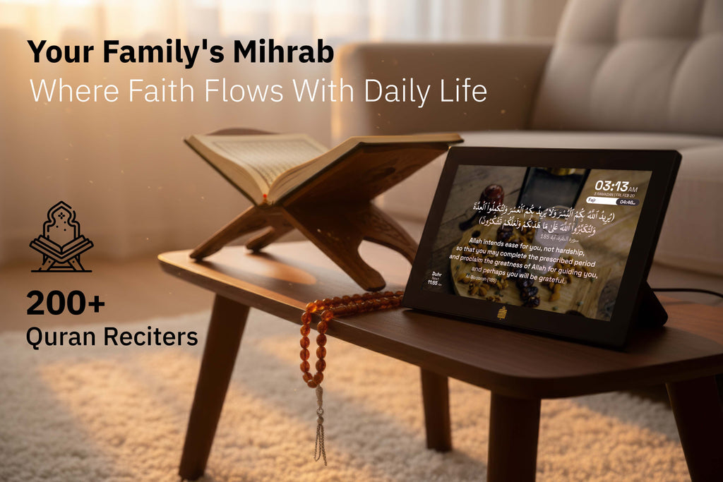 Mihrab 10 inch digital azan clock on coffee table in modern Muslim family living room